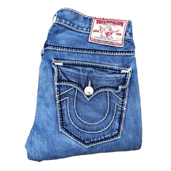 TRUE Religion Jeans Size 34 RICKY GIANT BIG T Blue - Picture 1 of 8